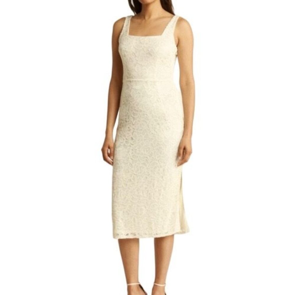 Sam Edelman Lace Open Back Midi Dress With Square Neck Ecru Size 8
